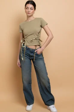 Daisy Street Lace Up Detail Baby Tee-Women Tops | T-Shirts