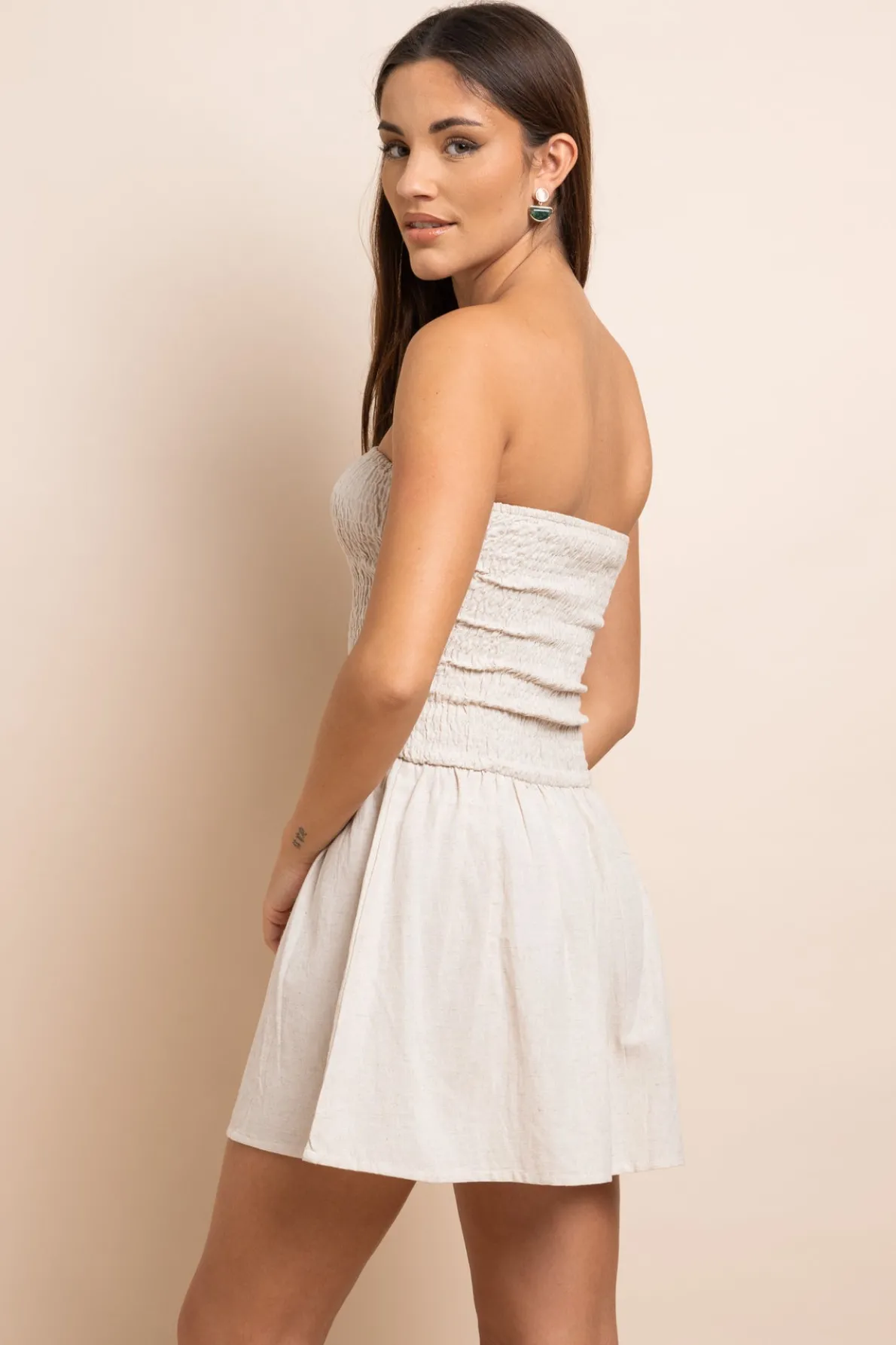 Daisy Street Linen Bandeau Shirred Mini Dress-Women Dresses