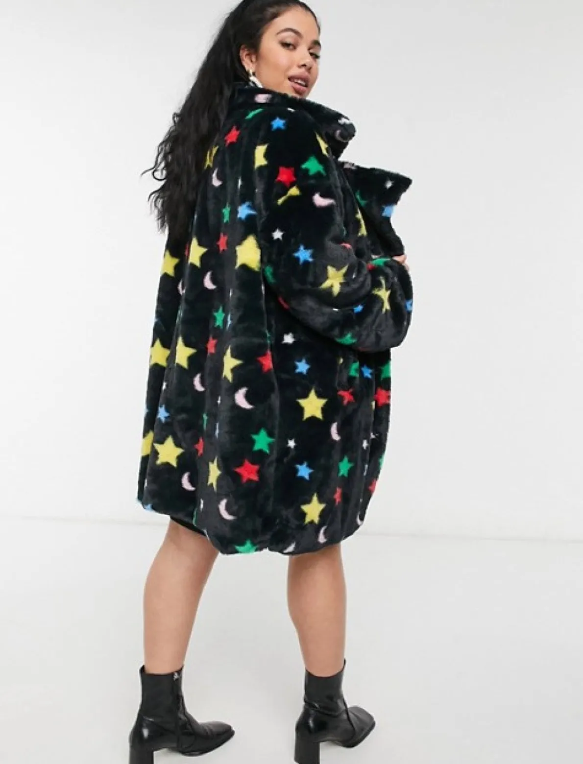 Daisy Street Longline Fur Coat in Star and Moon Print-Women Jackets