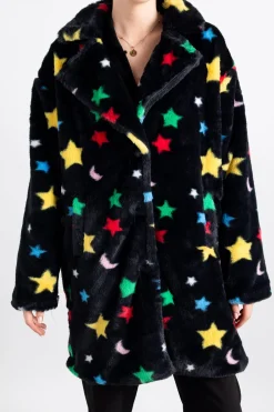 Daisy Street Longline Fur Coat in Star and Moon Print-Women Jackets