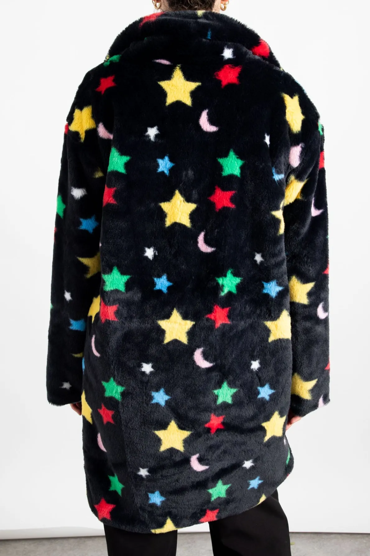 Daisy Street Longline Fur Coat in Star and Moon Print-Women Jackets