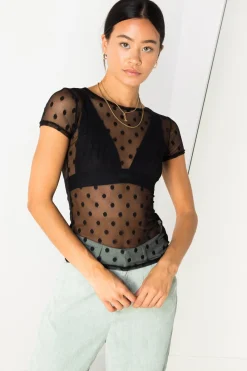 Daisy Street Mesh Spot Top-Women Tops