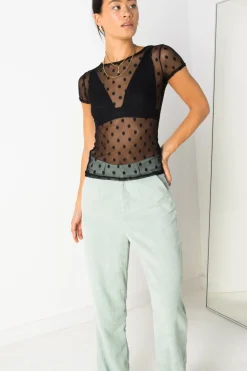 Daisy Street Mesh Spot Top-Women Tops