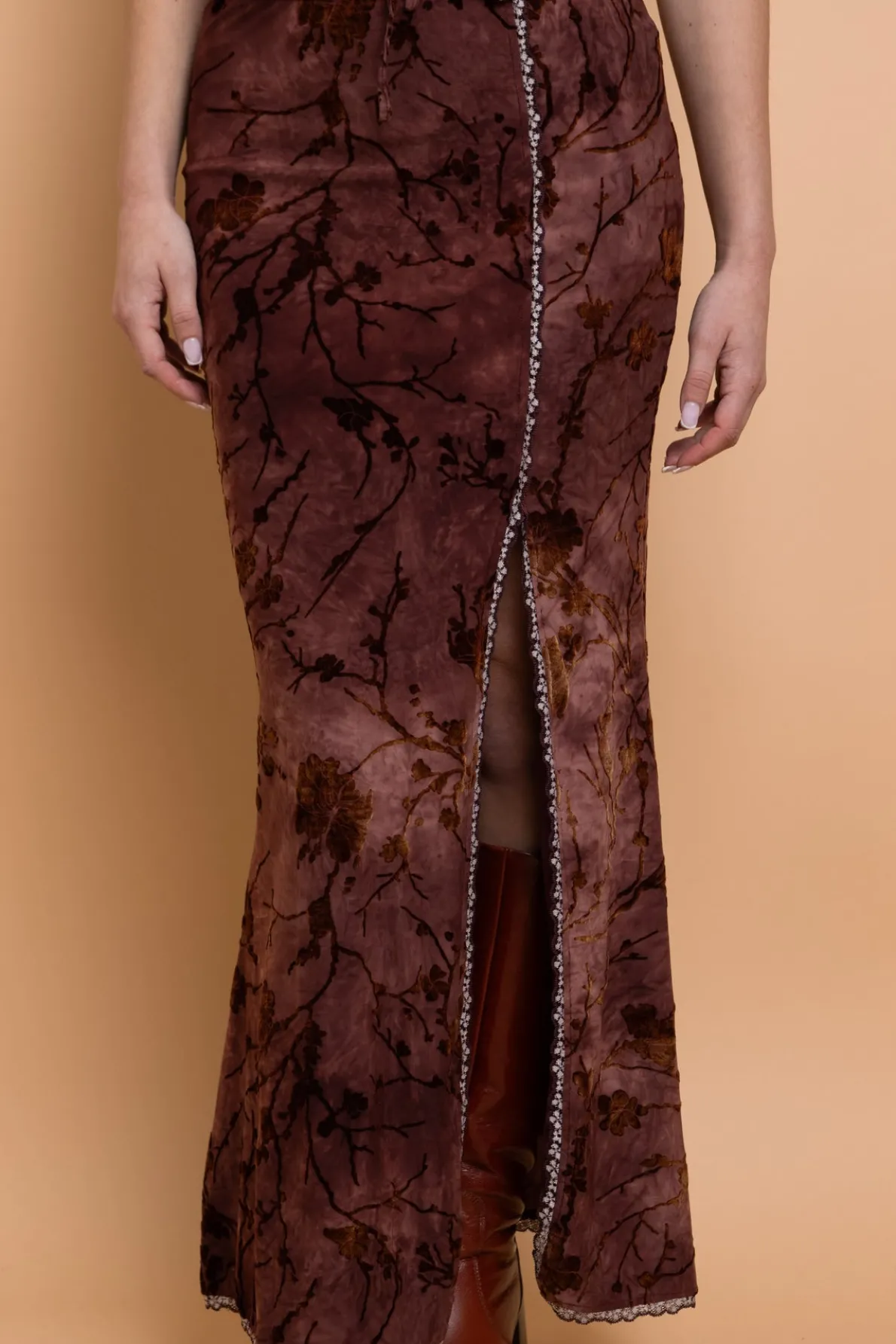 Daisy Street Mid Rise Devore Maxi Skirt With Lace Trim-Women Partywear | Skirts