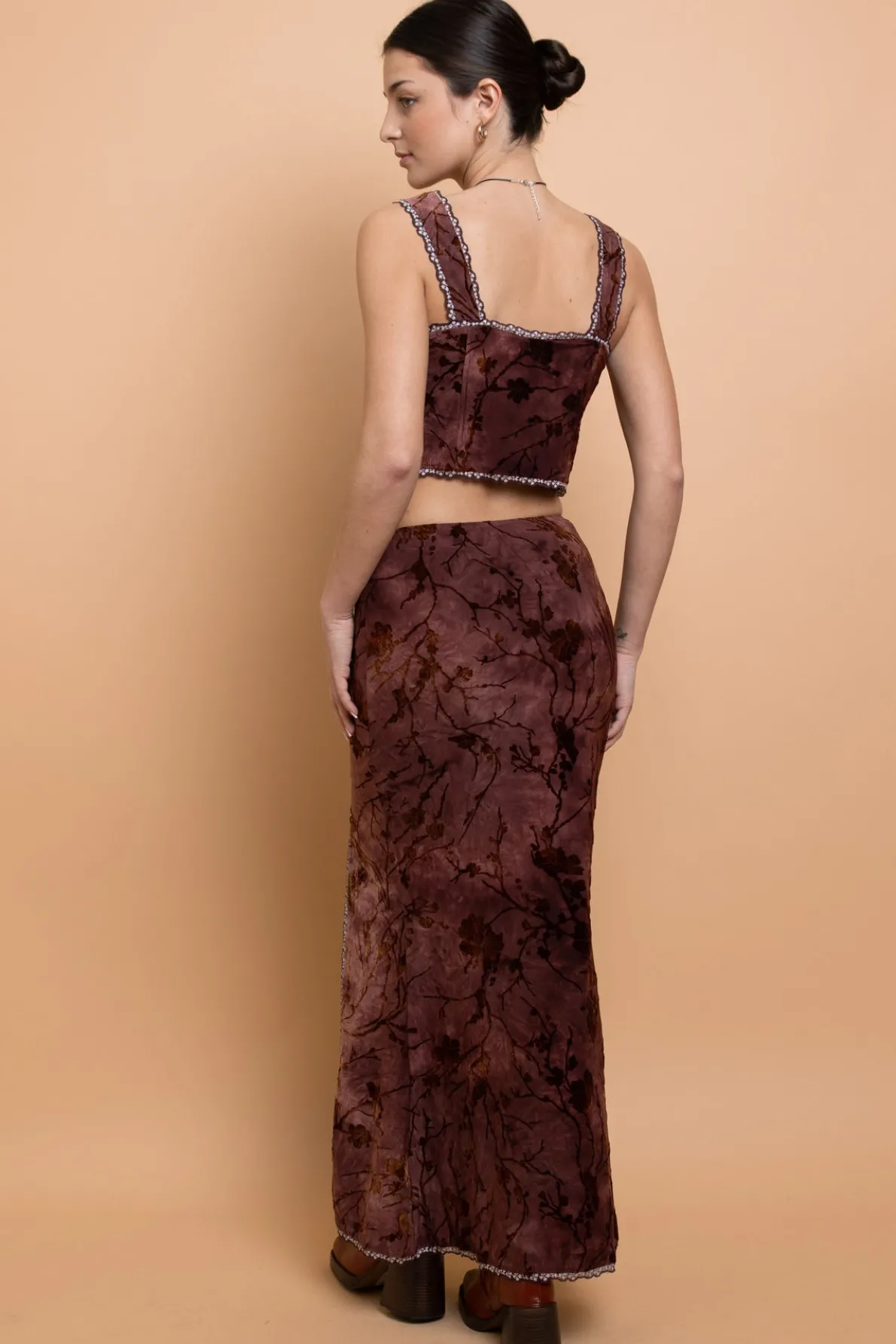 Daisy Street Mid Rise Devore Maxi Skirt With Lace Trim-Women Partywear | Skirts
