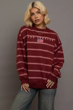 Daisy Street Stripe LA Embroidery Sweatshirt-Women Hoodies & Sweatshirts