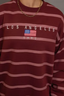 Daisy Street Stripe LA Embroidery Sweatshirt-Women Hoodies & Sweatshirts