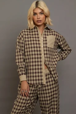 Daisy Street Oversized Check Shirt With Contrast Stripe Pockets-Women Tops
