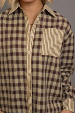 Daisy Street Oversized Check Shirt With Contrast Stripe Pockets-Women Tops
