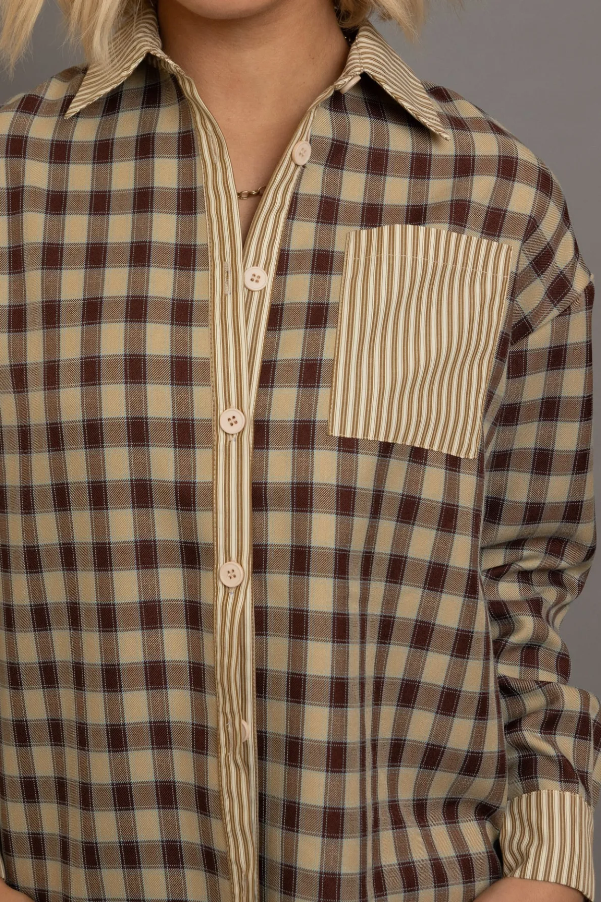 Daisy Street Oversized Check Shirt With Contrast Stripe Pockets-Women Tops