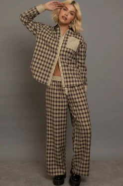 Daisy Street Oversized Check Shirt With Contrast Stripe Pockets-Women Tops
