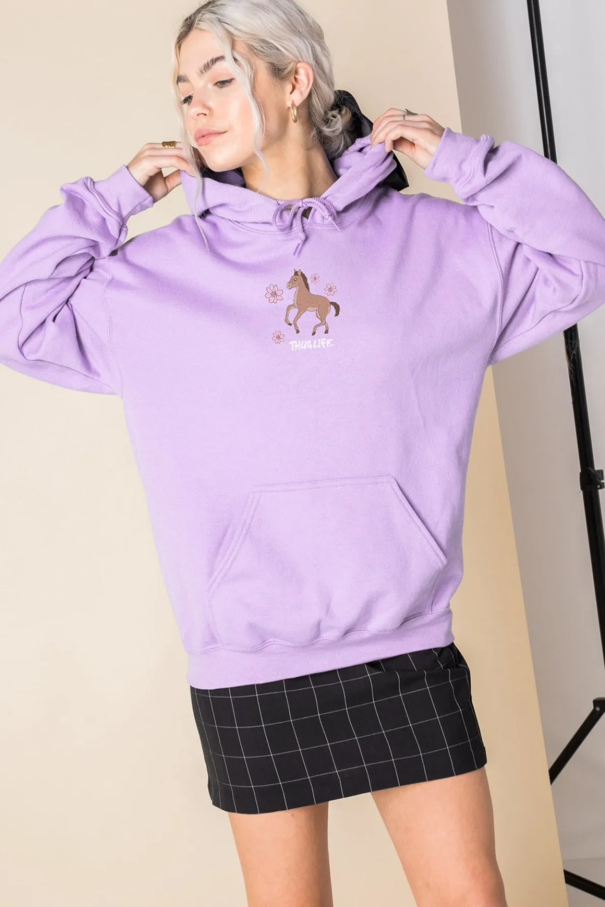 Daisy Street Oversized Hoodie with Thug Life Pony Print-Women Hoodies & Sweatshirts