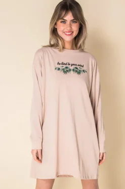 Daisy Street Oversized Long Sleeve T-Shirt Dress with Be Kind Print-Women Dresses