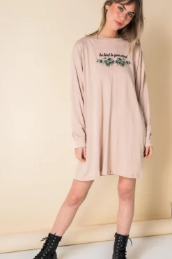 Daisy Street Oversized Long Sleeve T-Shirt Dress with Be Kind Print-Women Dresses