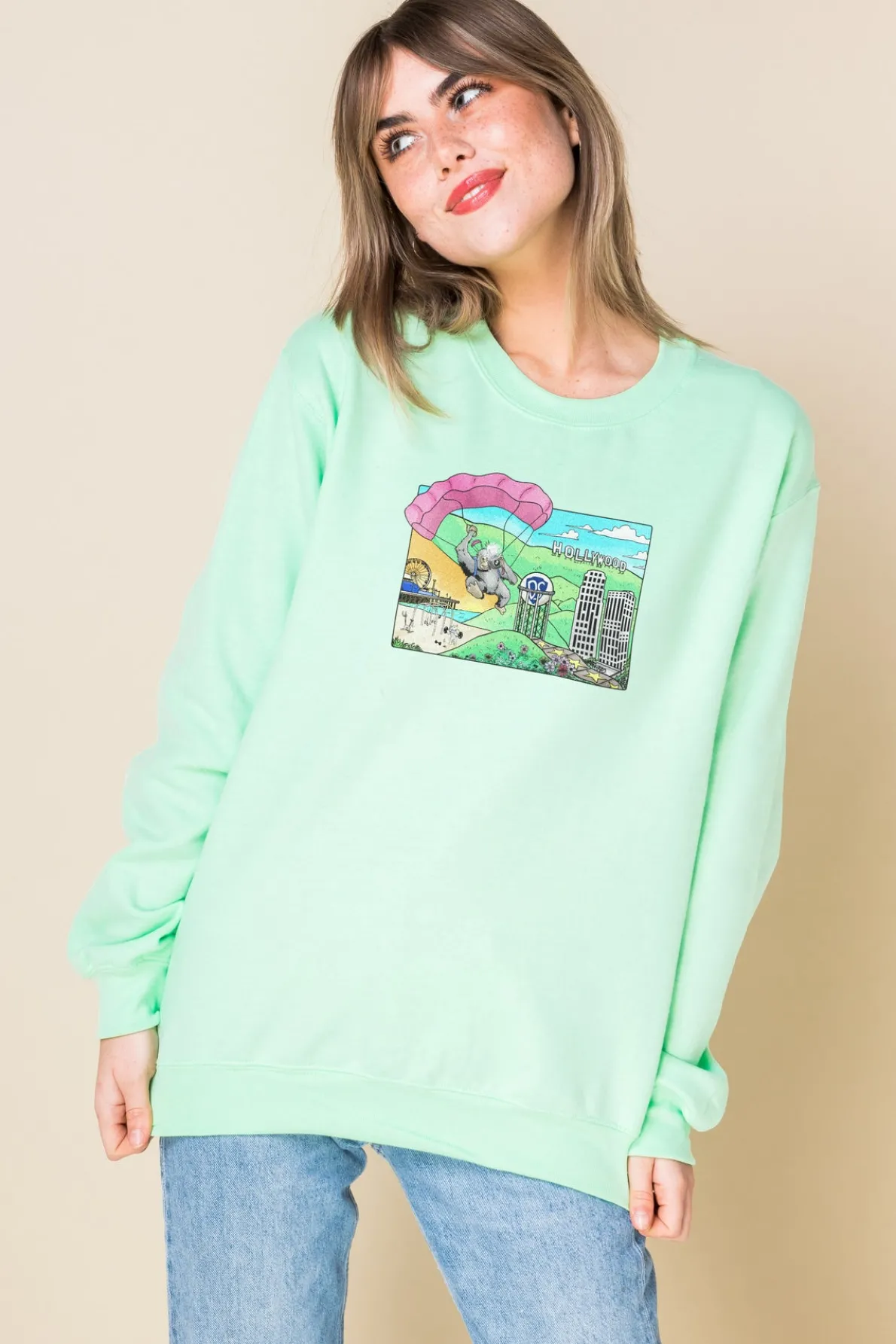 Daisy Street Oversized Sweatshirt with Hollywood Print-Women Hoodies & Sweatshirts