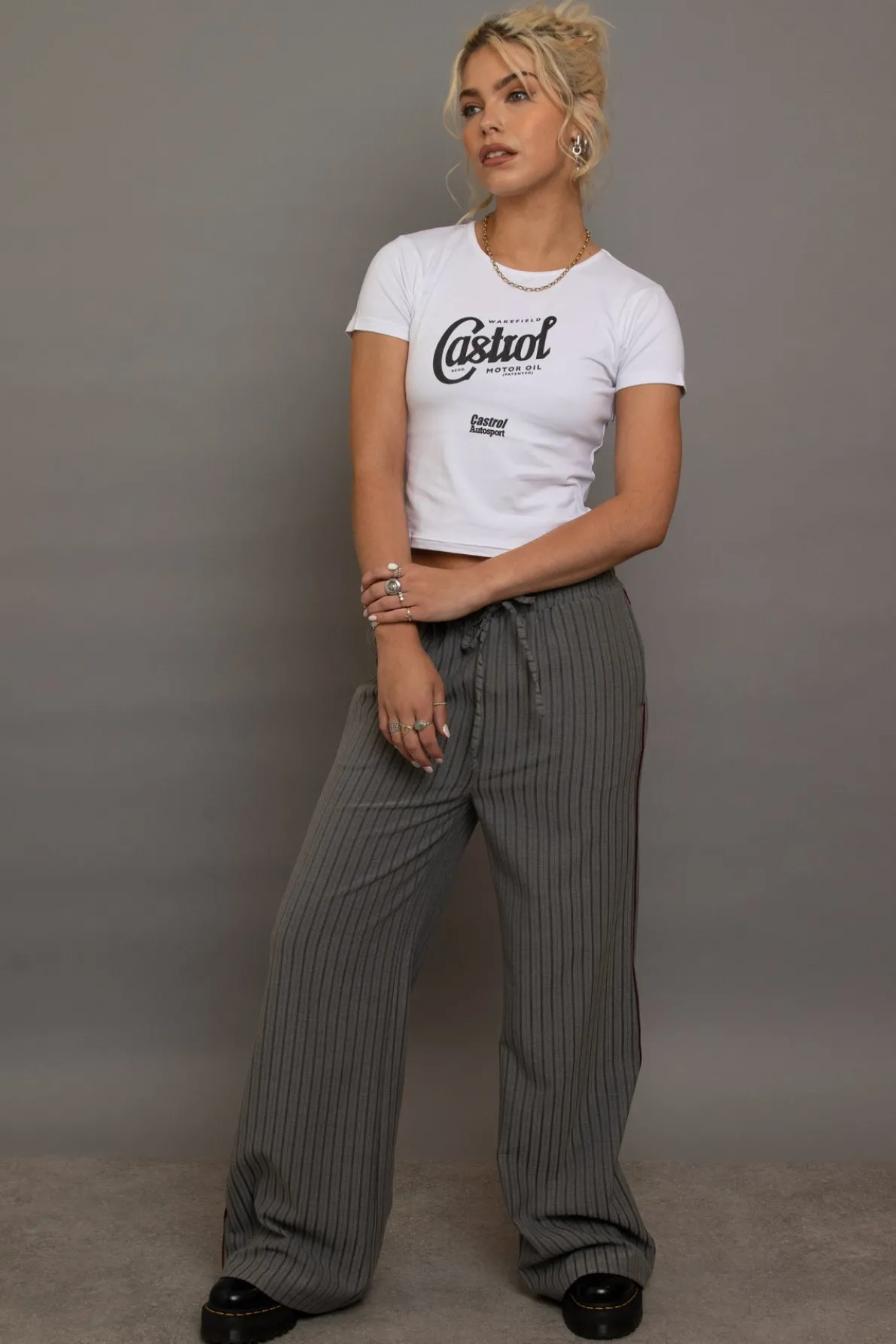 Daisy Street Pinstripe Wide Leg Trousers With Piping Detail-Women Trousers