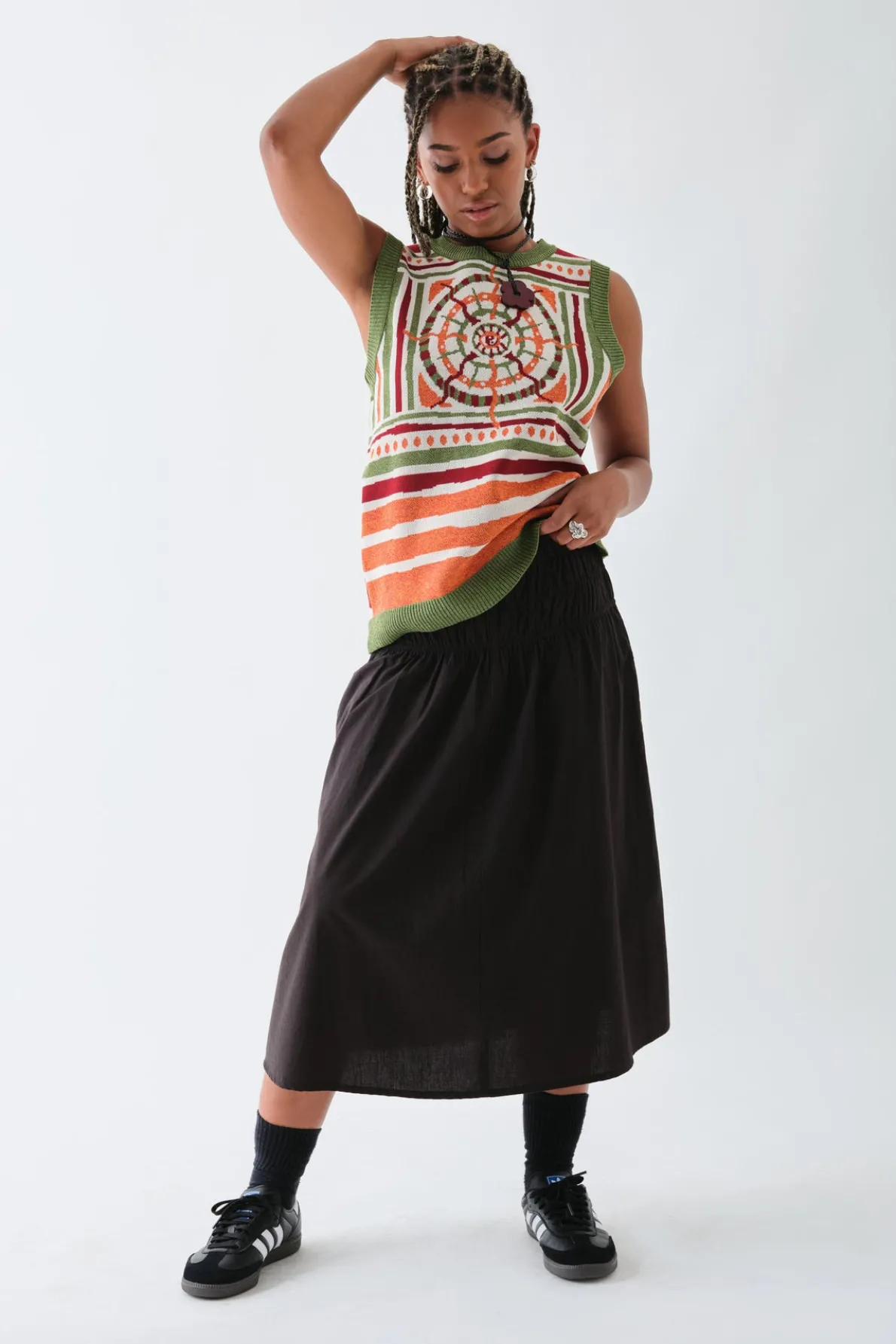 Daisy Street Poplin Mid Rise Skirt with Ruching Detail-Women Skirts