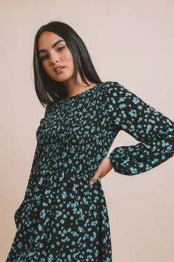 Daisy Street Printed Shirred Smock Dress-Women Dresses