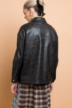 Daisy Street PU Boxy Jacket With Los Angeles Applique-Women Jackets