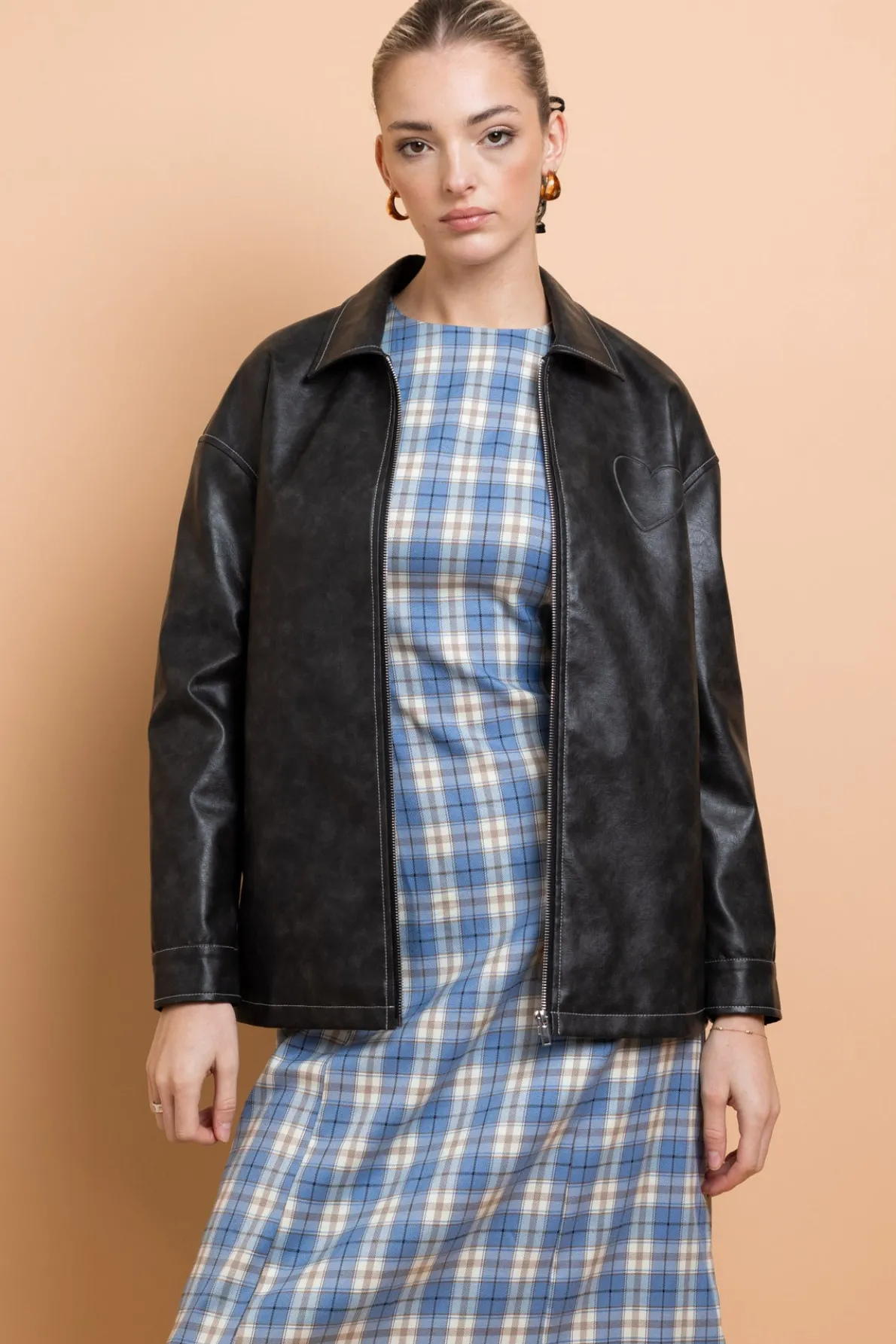 Daisy Street PU Boxy Jacket With Los Angeles Applique-Women Jackets