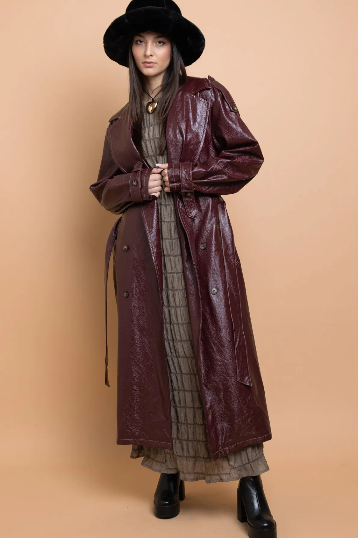 Daisy Street PU Trench Coat With Shoulder Detail-Women Jackets