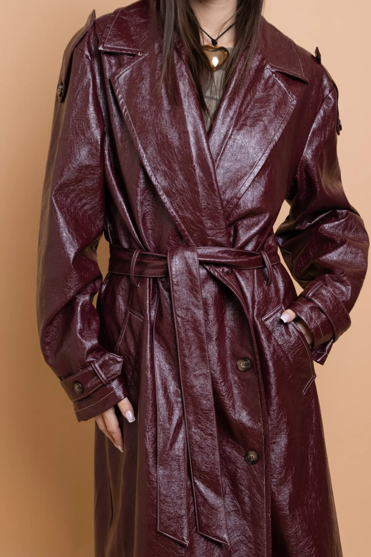 Daisy Street PU Trench Coat With Shoulder Detail-Women Jackets