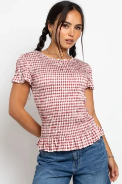 Daisy Street Gingham Shir Short Sleeve Top-Women Tops | T-Shirts
