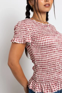 Daisy Street Gingham Shir Short Sleeve Top-Women Tops | T-Shirts