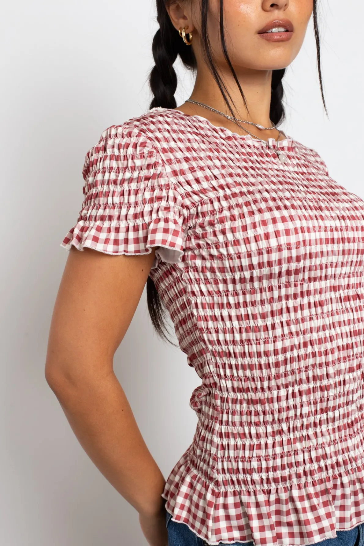 Daisy Street Gingham Shir Short Sleeve Top-Women Tops | T-Shirts