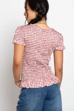 Daisy Street Gingham Shir Short Sleeve Top-Women Tops | T-Shirts