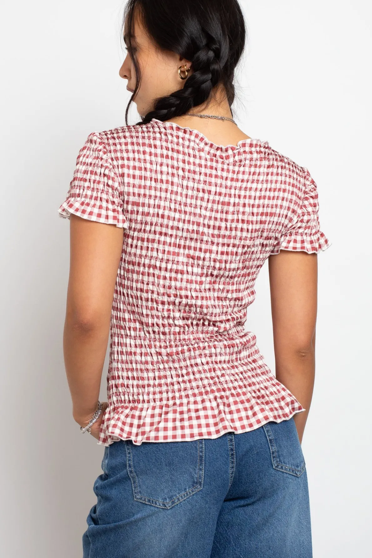 Daisy Street Gingham Shir Short Sleeve Top-Women Tops | T-Shirts