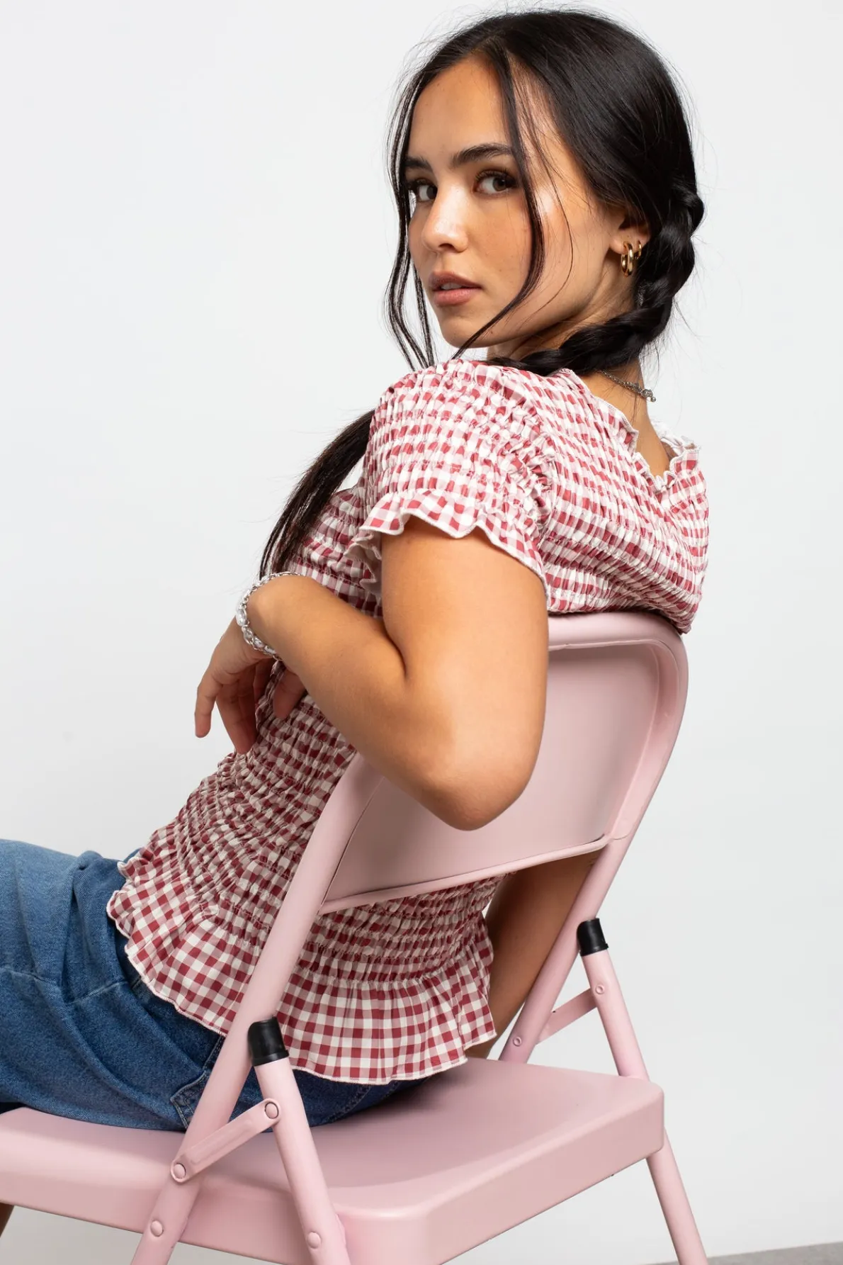 Daisy Street Gingham Shir Short Sleeve Top-Women Tops | T-Shirts