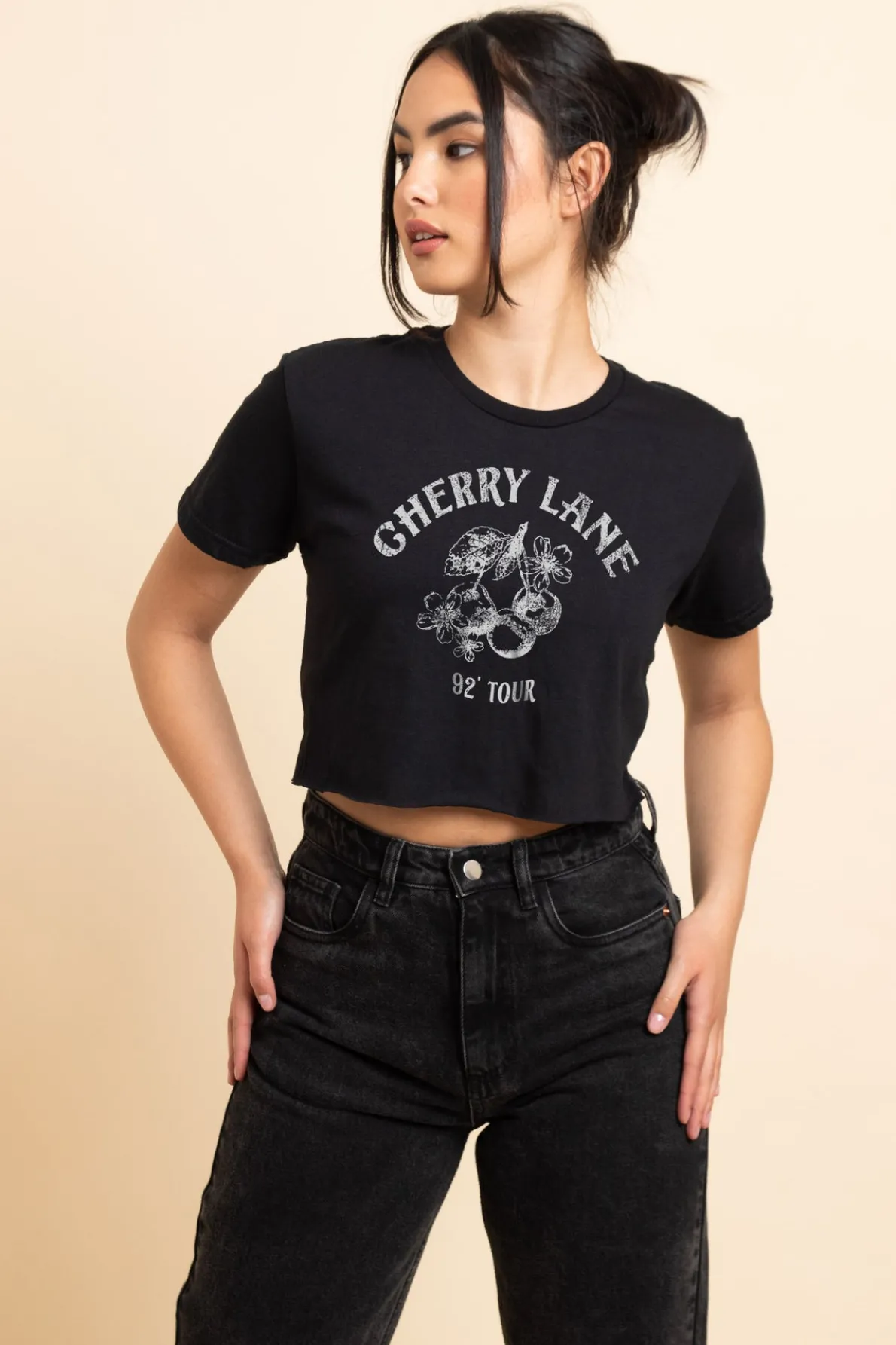 Daisy Street Regular Fit Crop T-Shirt with Cherry Lane Print-Women T-Shirts