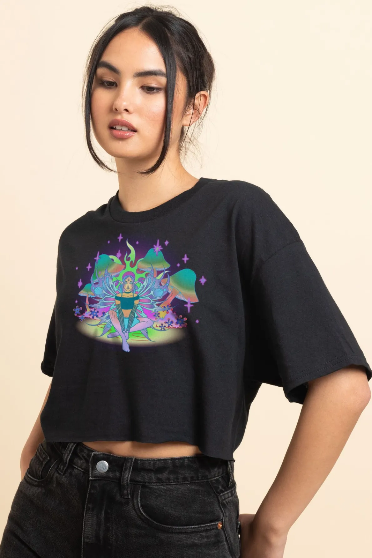 Daisy Street Relaxed Crop T-Shirt with Fairy Print-Women T-Shirts