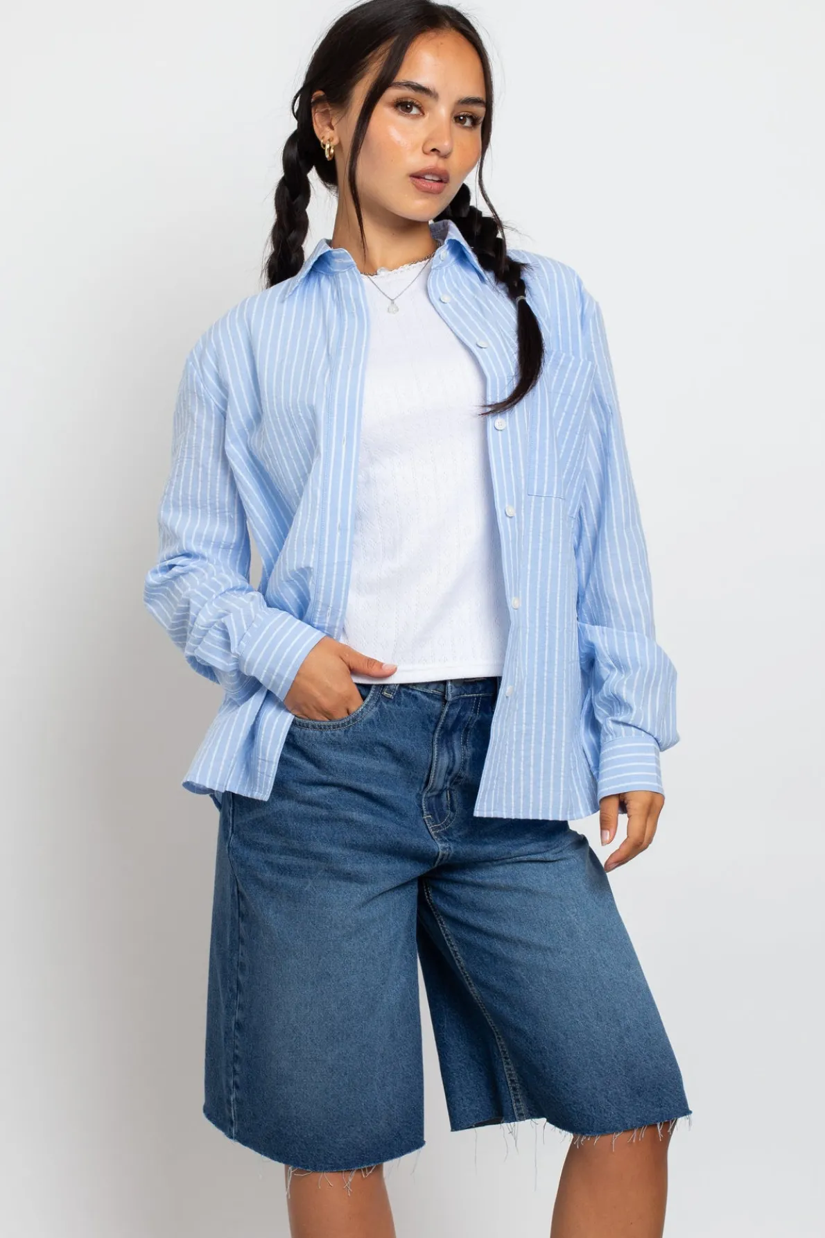Daisy Street Relaxed Fit Stripe Shirt-Women Tops
