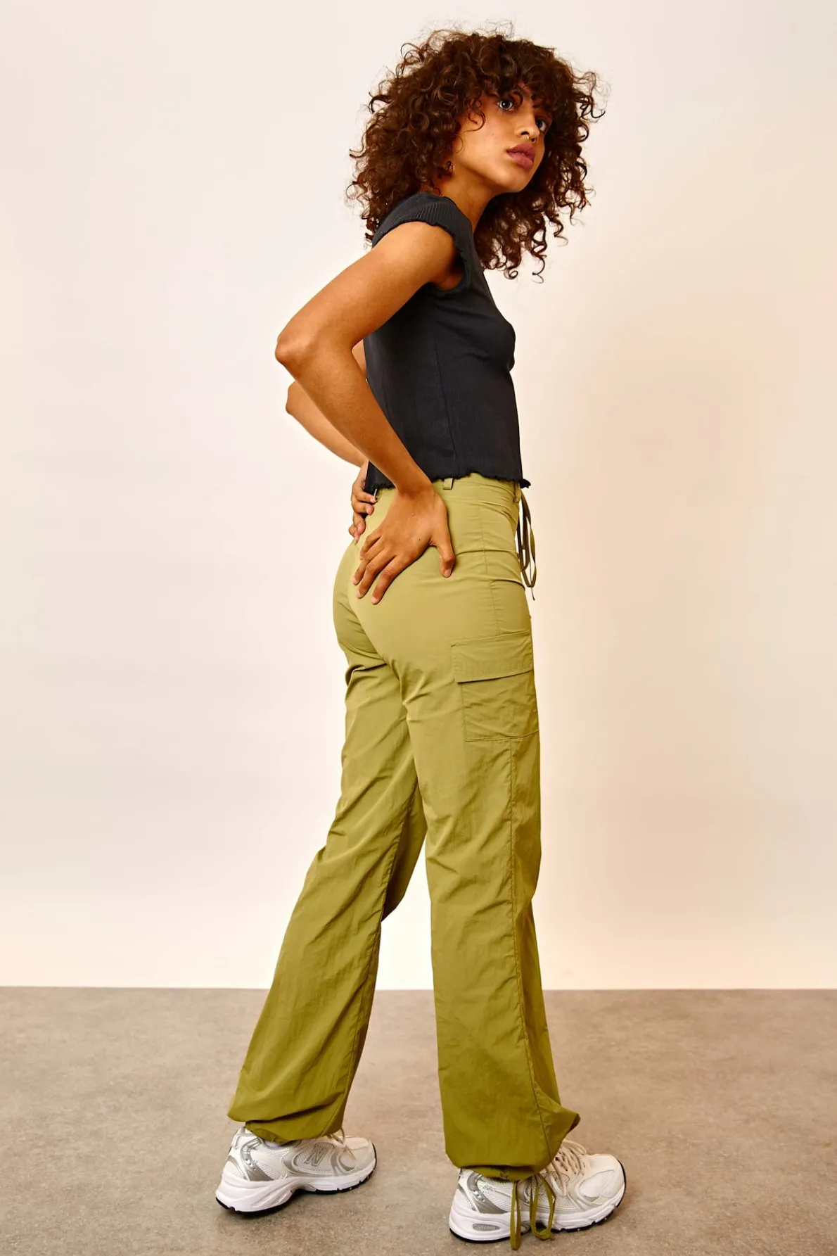 Daisy Street Relaxed Mid Rise Flared Nylon Trousers-Women Trousers