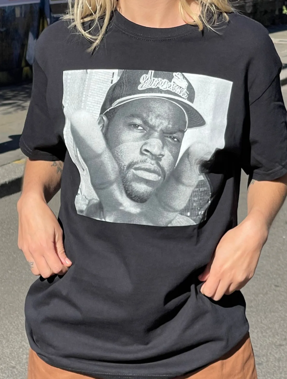 Daisy Street Relaxed T-Shirt with Ice Cube Print-Women Band Tees