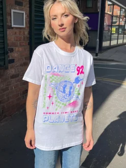 Daisy Street Relaxed T-Shirt with Planet Rave Print-Women T-Shirts