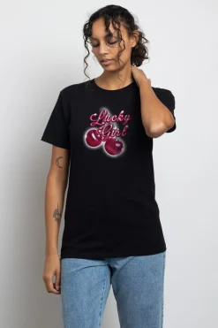 Daisy Street Relaxed T-Shirt with Lucky Girl Print-Women T-Shirts
