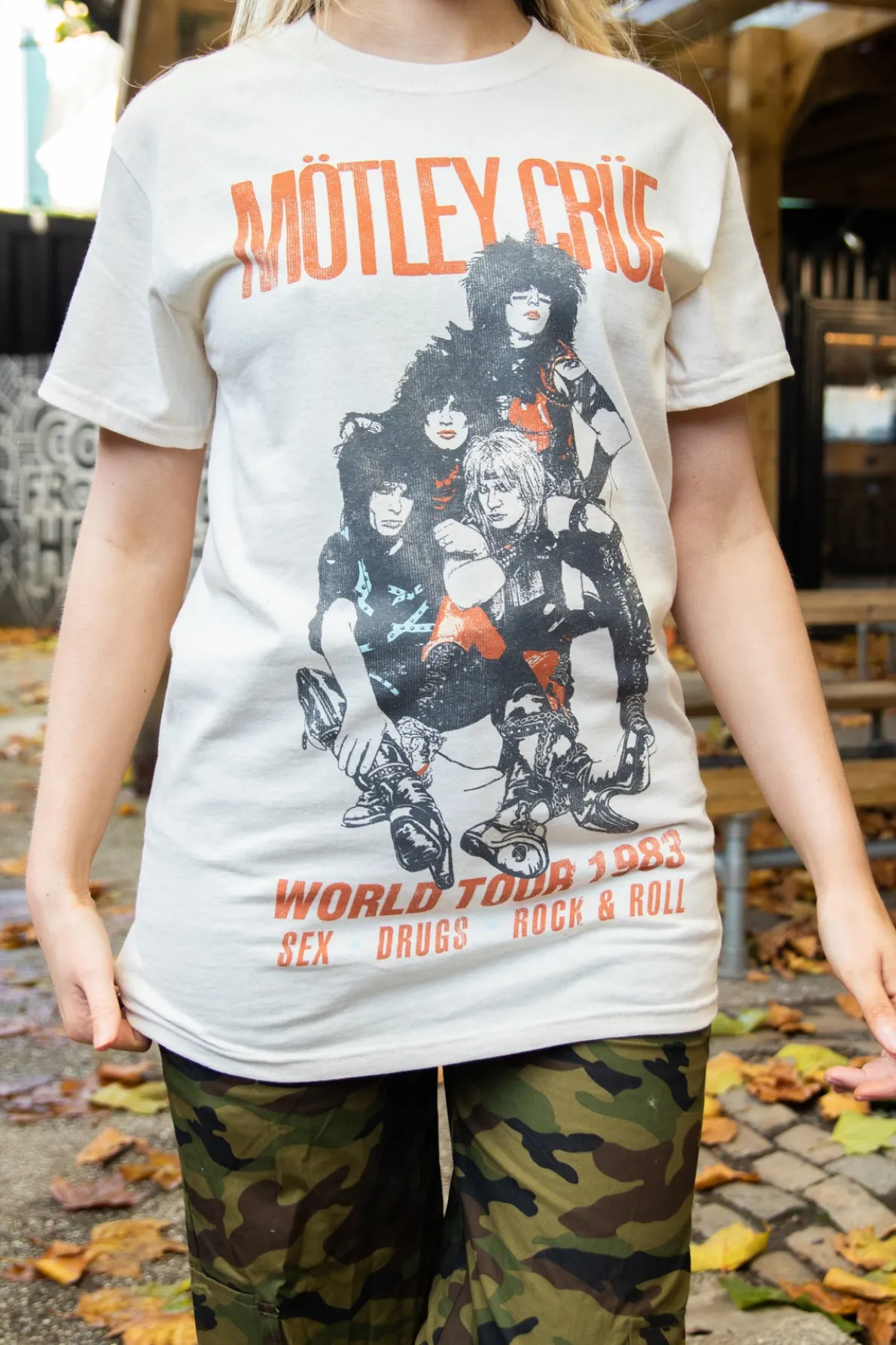 Daisy Street Relaxed T-Shirt with Motley Crue World Tour 1983 Print-Women Band Tees | T-Shirts