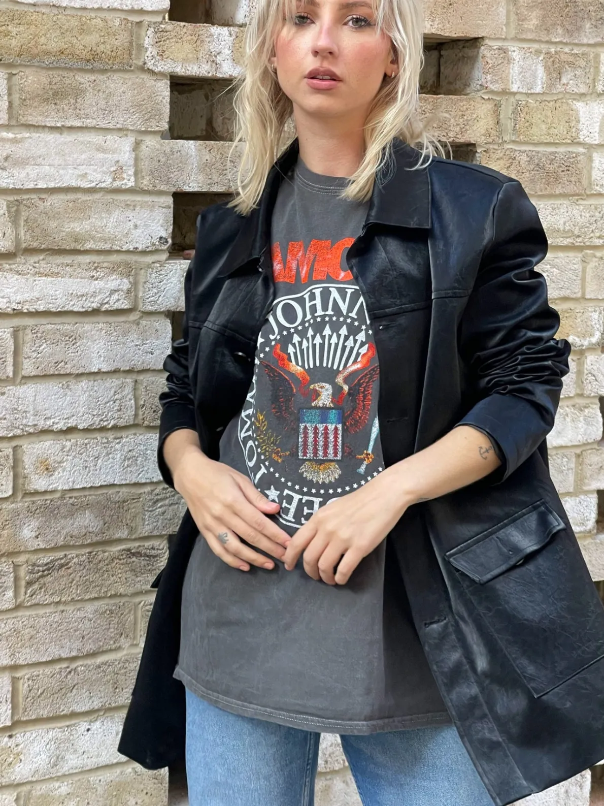 Daisy Street Relaxed T-shirt with Ramones Band Logo Print-Women Band Tees | Tops