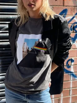 Daisy Street Relaxed T-Shirt with Pink Floyd Print Split Graphic-Women Band Tees | T-Shirts