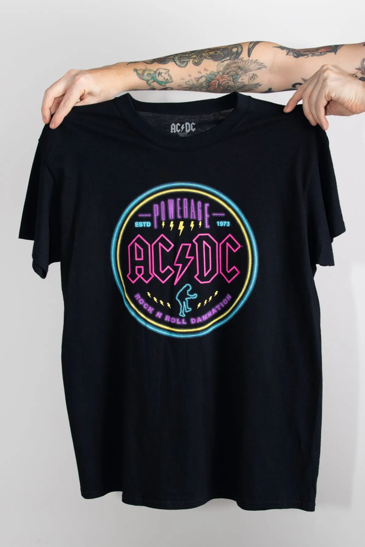 Daisy Street Relaxed T-Shirt with Neon AC/DC Print-Women Band Tees | T-Shirts