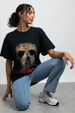 Daisy Street Relaxed T-Shirt with Friday The 13th Mask Graphic-Women T-Shirts | Tops