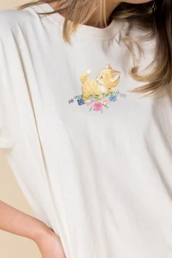 Daisy Street Relaxed T-Shirt with Cute Cat Print-Women T-Shirts