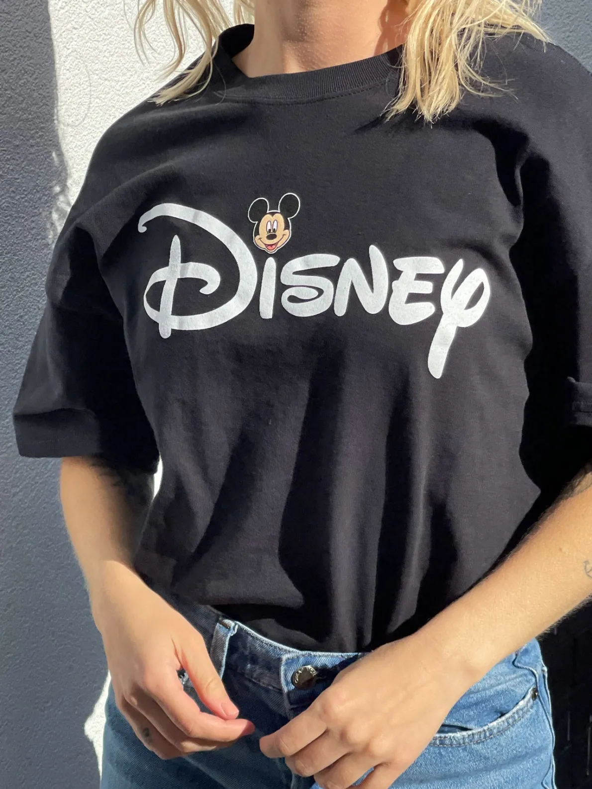 Daisy Street Relaxed T-Shirt with Disney Logo and Mickey Face Print-Women Tops | T-Shirts