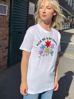 Daisy Street Relaxed T-Shirt with Pick Me Be Happy Print-Women T-Shirts