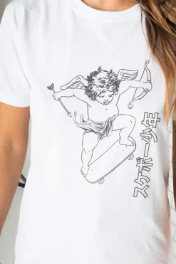 Daisy Street Relaxed T-Shirt with Cherub on a Skateboard Print-Women T-Shirts