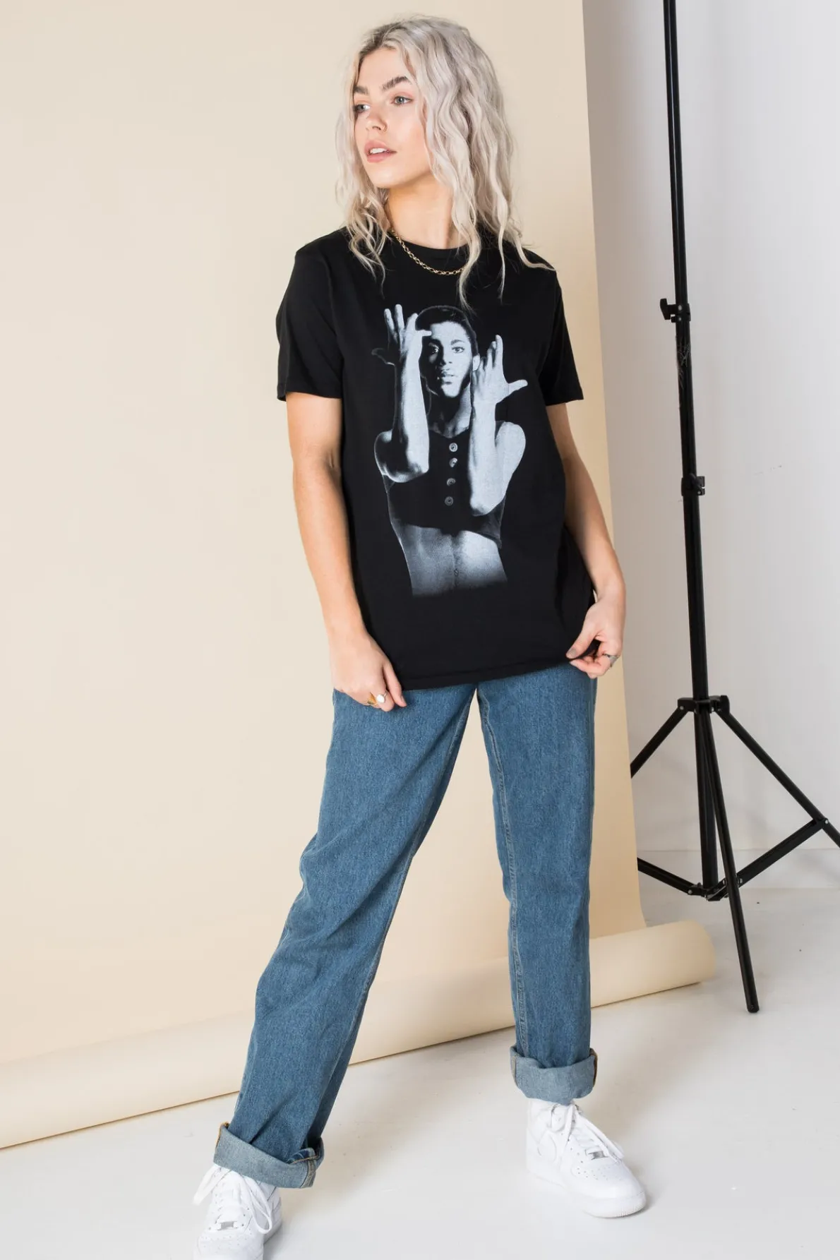 Daisy Street Relaxed T-Shirt with Prince Parade Print-Women Band Tees | T-Shirts