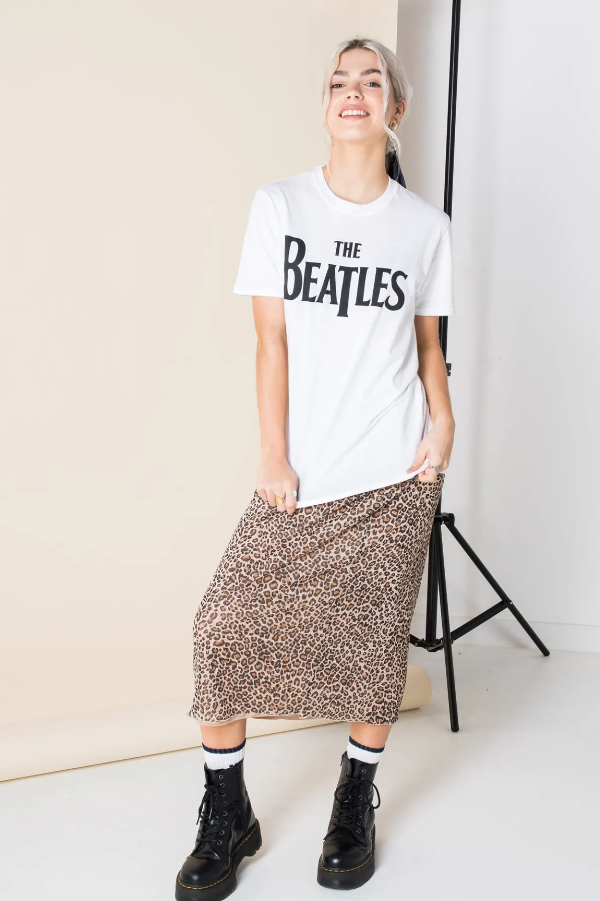 Daisy Street Relaxed T-Shirt with The Beatles Print-Women Band Tees | T-Shirts